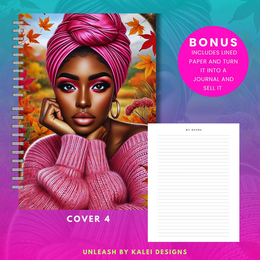 Wrapped Beauty Journal Covers - Printable & Customizable, Digital Download, High-Res PNG, for Entrepreneurs, Creatives, 8.5x11, Black Girl